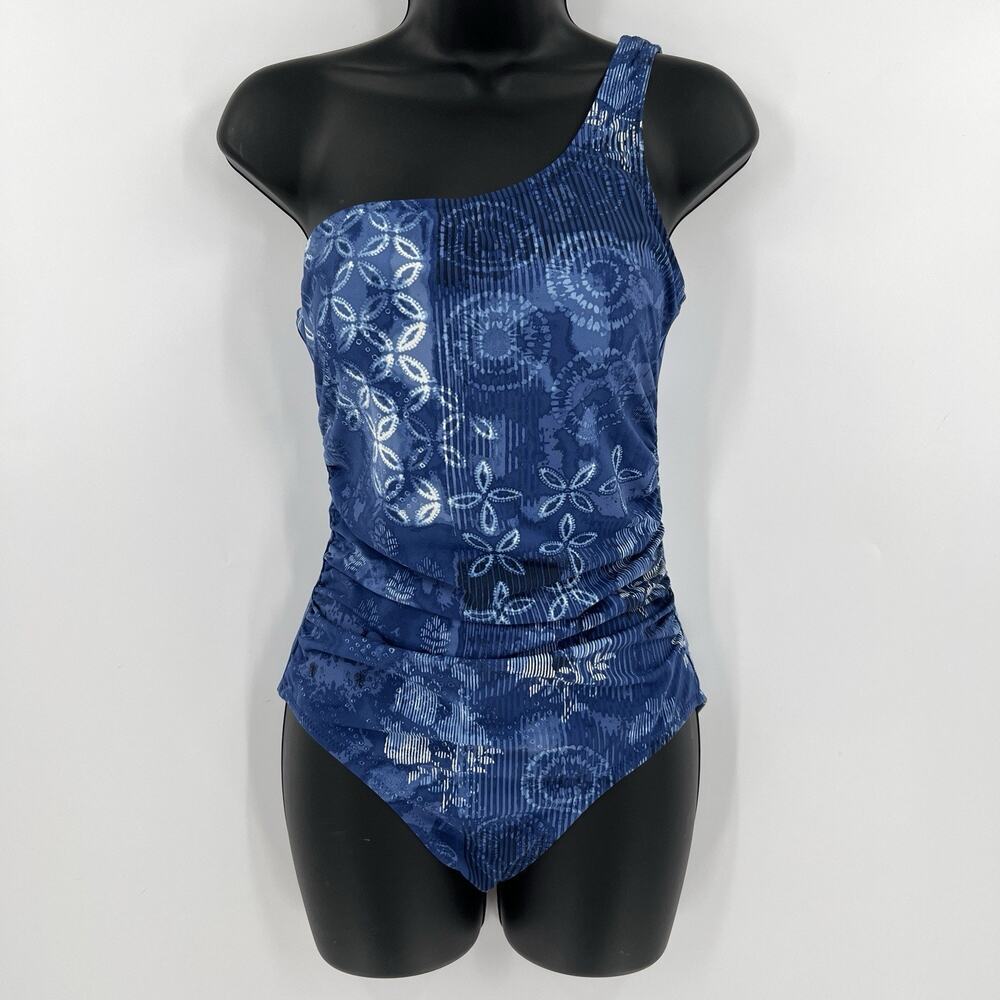 Garnet Hill Floral One Piece One Shoulder Swimsuit Blue Ruched Sides‎ Size 6